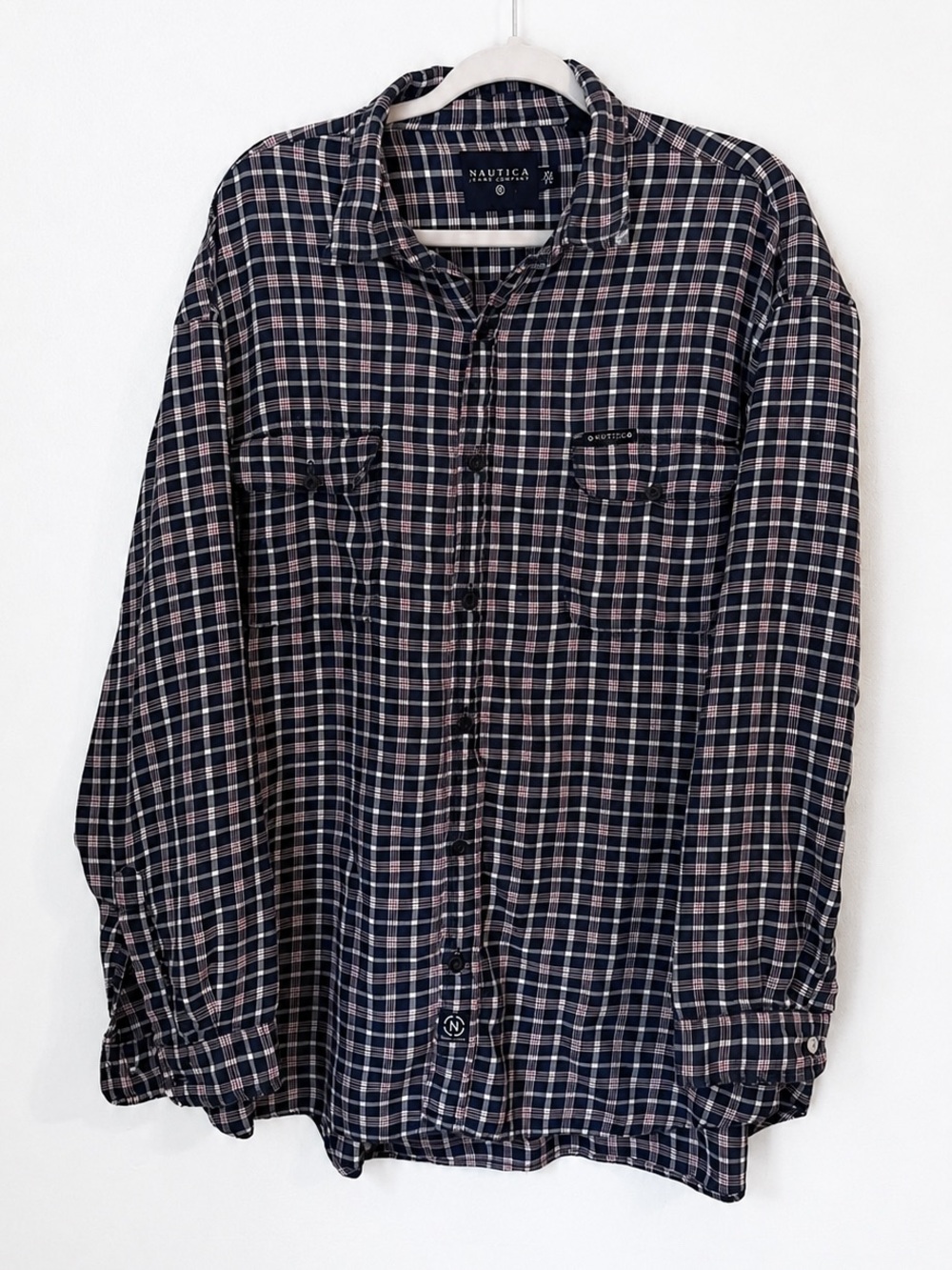 Nautica Navy and Red Plaid Long-Sleeve Button-Up Shirt Size XL 100% Cotton